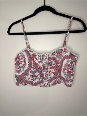 dRA Los Angeles Front Button Crop Top Floral Pink White Blue Spaghetti Strap Med